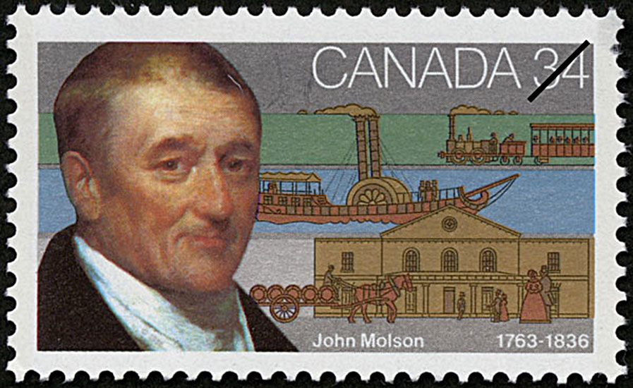 Timbre illustrant John Molson, sa brasserie, un navire et un train