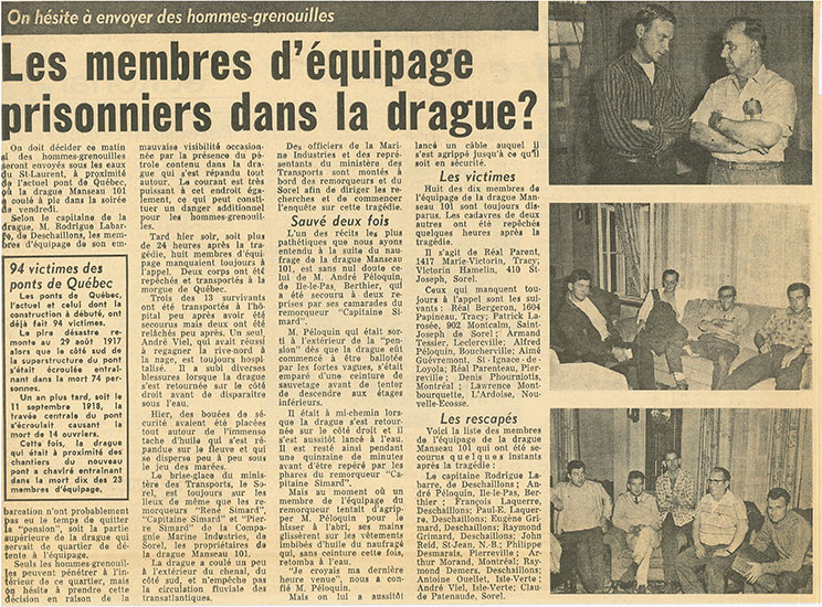 Article de journal relatant le naufrage et photos des membres de l'équipage de la drague.