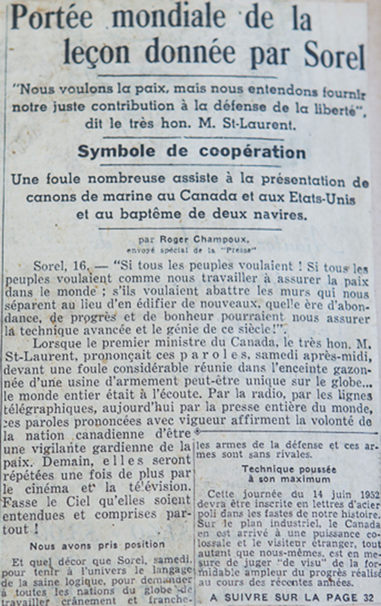 Article de journal mentionnant la contribution des usines de Sorel à la Guerre de Corée.