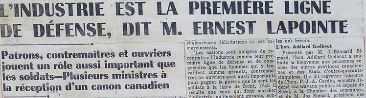 Un article de journal dont le titre mentionne le rôle essentiel de l'industrie pour la défense.