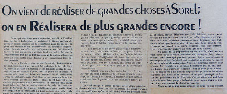 Un article de journal soulignant la contribution de Sorel dans la fabrication de cannons.