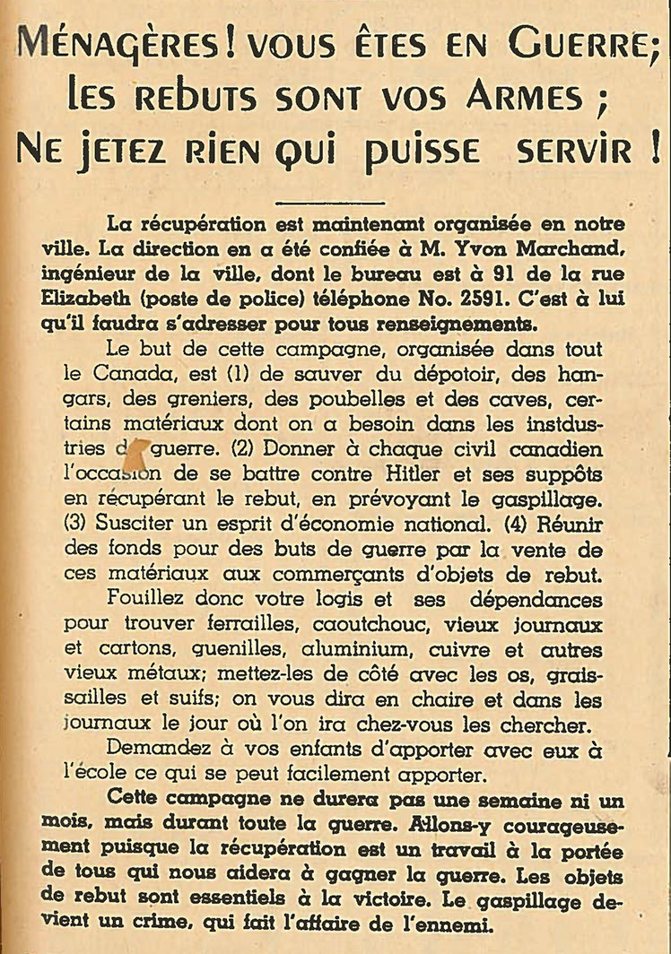 Article de journal prônant la récupération en temps de guerre.