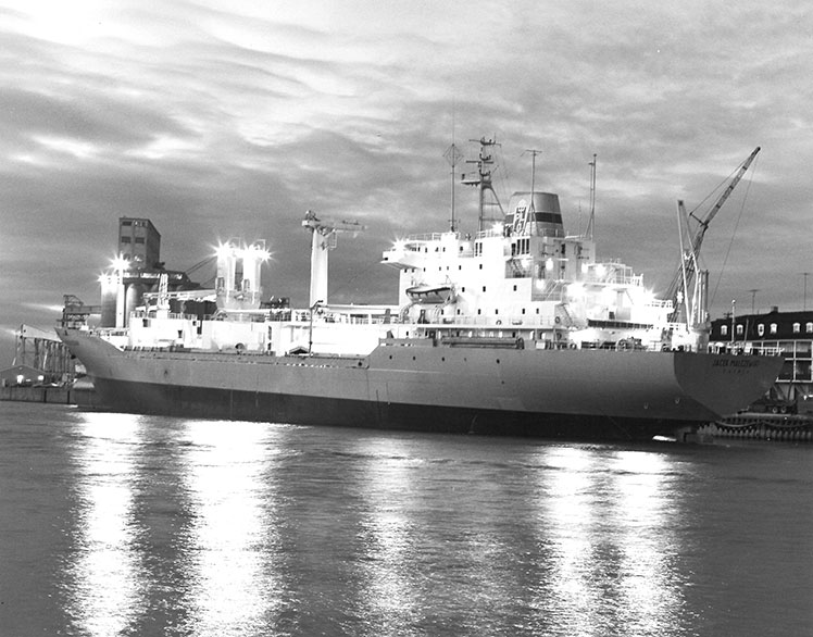 Vue de nuit d'un cargo éclairé accosté au quai